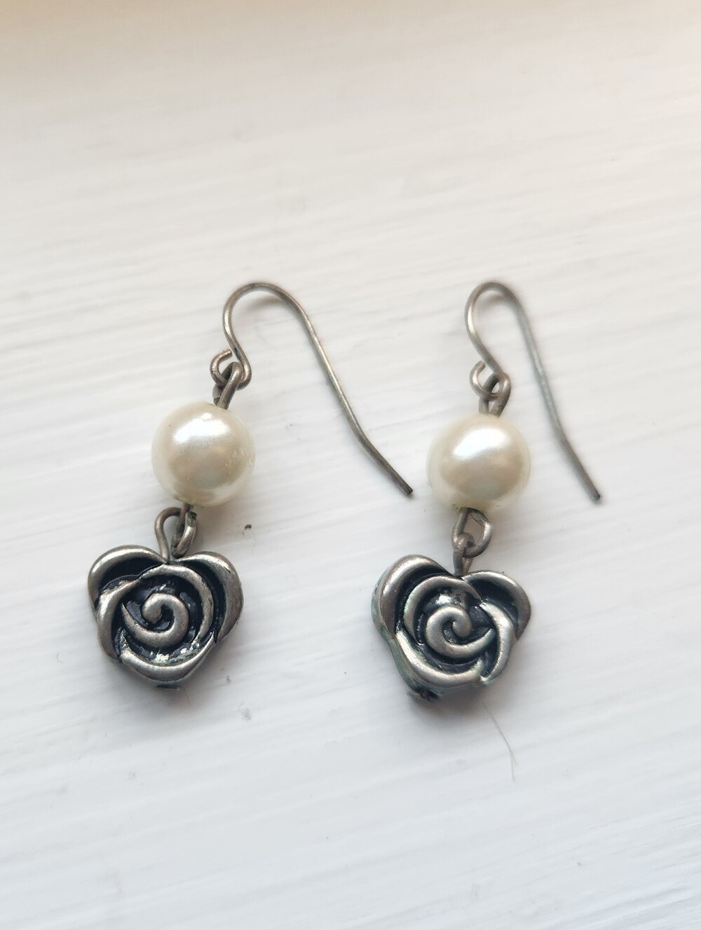 Pearl Bead and Silver Rose Drop Earrings